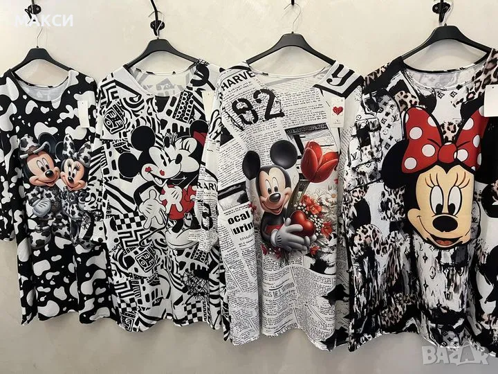 Памучна макси модерна дълга клоширана еластична туника с Мики Маус в различни десени, снимка 1