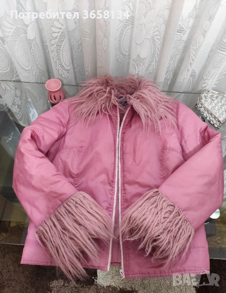 Яке в розов цвят с пух на яката и ръкавите, снимка 1