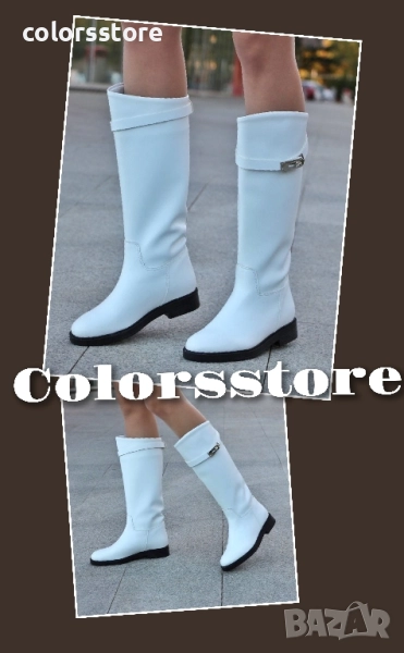 Равни ботуши - бяла кожа с черна подметка - НS22 , снимка 1