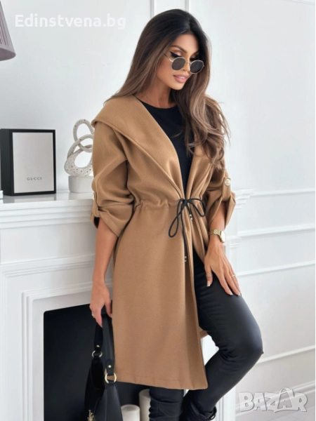 Дамско палто в цвят карамел с връзки на талията и качулка, снимка 1