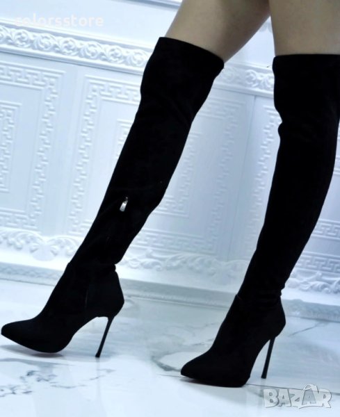 Чизми на ток - черен велур - BS60, снимка 1