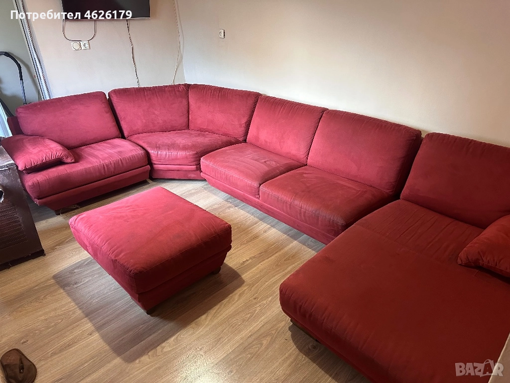 Луксозен ъглов диван бордо + табуретка | Внос Нидерландия, снимка 1