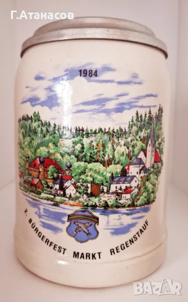 Старинна немска порцеланова халба ERBO ZINN, с гравиран капак Bayern  , снимка 1