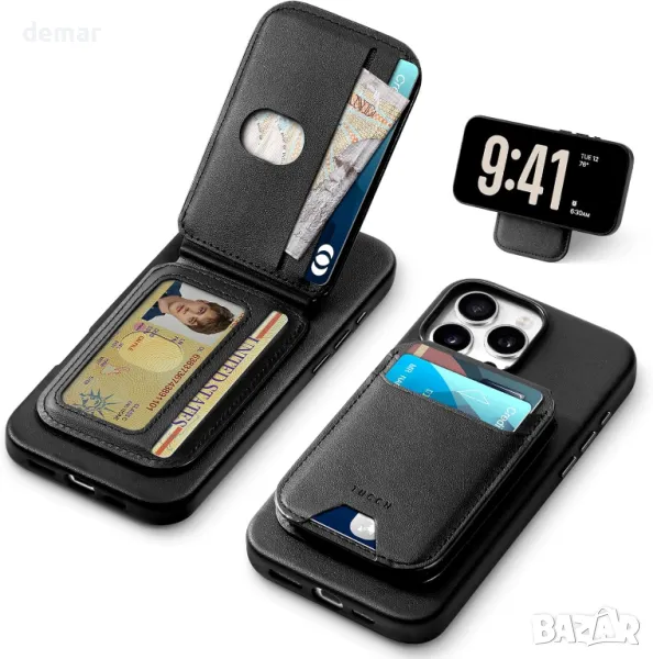 TUCCH Магнитен калъф за iPhone 16 Pro Max (6,9") 2024 с отделящ се портфейл, стойка, PU кожа, черен, снимка 1