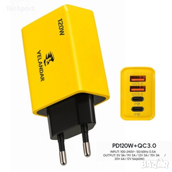 Бързо зарядно YELANDAR 120W | 2x USB-C PD + 2x USB-A QC 3.0, снимка 1