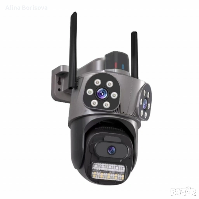 Тройна външна WiFi камера 9MP с аларма, 24 диода, iCSee, 64GB памет, снимка 1