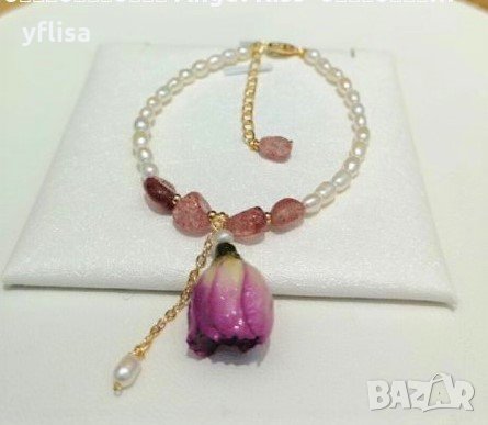 Бутикова гривна от естествени перли с роза, снимка 1