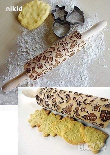 Коледни мотиви дървена Точилка за тесто бисквитки фондан декор, снимка 1