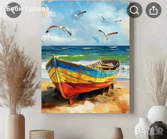 Цветни дървени лодки на плажа с летящи чайки в заден план, снимка 4 - Картини - 50712694