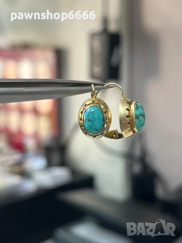 Винтидж златни обеци 14 карата с естествен тюркоаз , снимка 8 - Обеци - 53589099