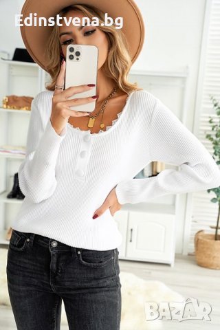 Дамска блуза в бяло с ефектно деколте с копчета, снимка 6 - Блузи с дълъг ръкав и пуловери - 39480719