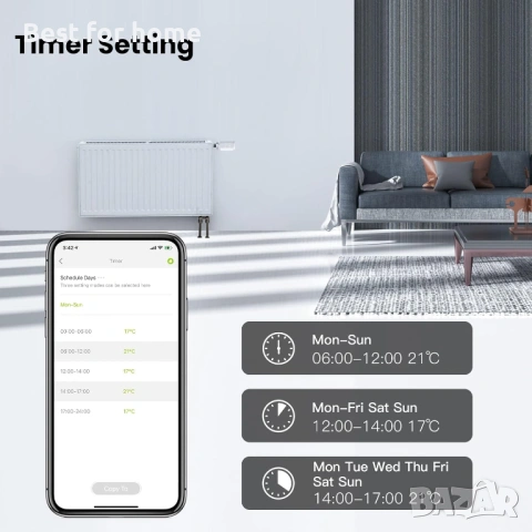 Комплект термостат за радиатор MOES, програмируем, енергоспестяващ, снимка 7 - Отоплителни печки - 53357673