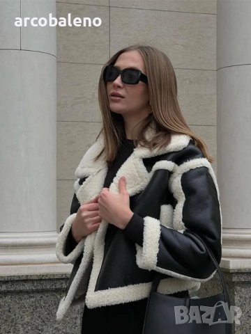 Дамско топло свободно яке от изкуствена кожа и изкуствена агнешка вълна, 2цвята, снимка 12 - Якета - 43528357