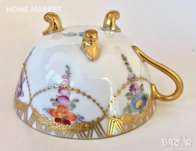Dresden Germany  Circa 1884  Wolfsohn  Tea Cup & Saucer, Footed, Richly Gilded , снимка 8 - Антикварни и старинни предмети - 52692353