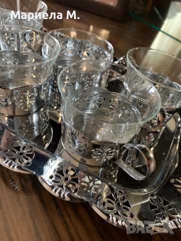 Старинен Руски сервиз за чай с табла - 5 чаши и захарница, снимка 2 - Сервизи - 40369499