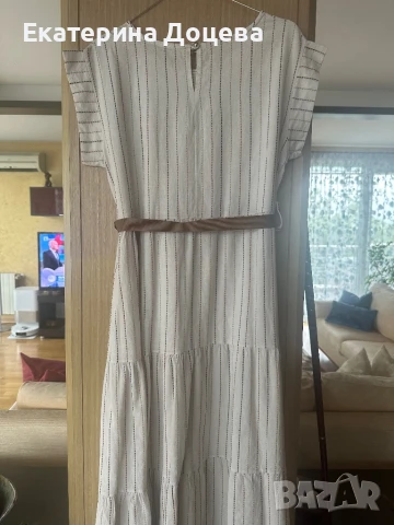 Бежова рокля райе, снимка 3 - Рокли - 50440698