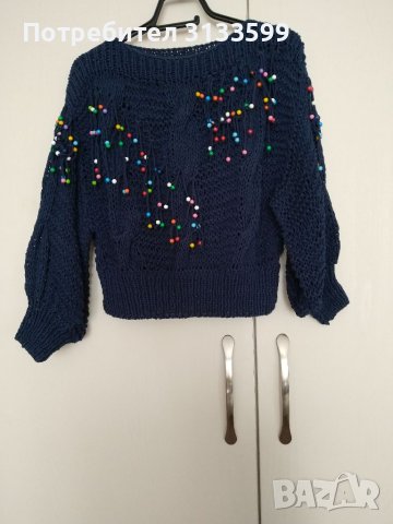 Тъмносиня ръчно плетена блуза от памучна прежда с цветни топчета , снимка 3 - Блузи с дълъг ръкав и пуловери - 37237213