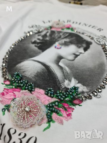 Нова бяла дамска памучна тениска с 3D цветя на намаление , снимка 3 - Тениски - 33238703