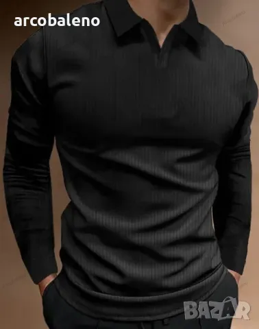 Ежедневна мъжка поло тениска с дълъг ръкав, разтеглива вертикална лента и V-образно деколте, 3цвята , снимка 2 - Тениски - 50220461