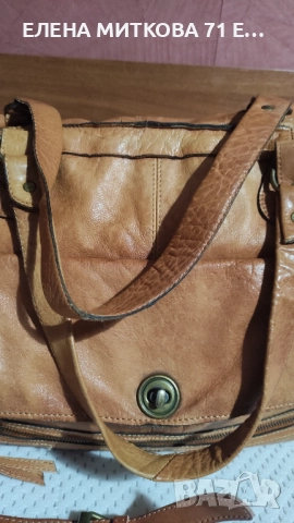 Pieces маркова голяма чанта от естествена кожа цвят коняк, снимка 6 - Чанти - 52324709