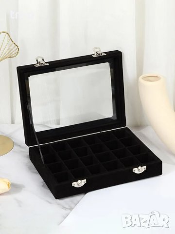 Черна кадифена кутия за съхранение на бижута със стъклен прозорец и органайзер с 24 отделения, снимка 7 - Други - 43392587