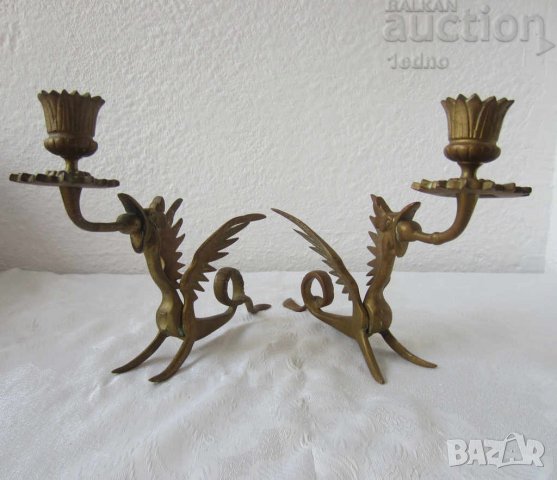 2 бр свещници с дракони месинг бронз антика фигура статуя, снимка 3 - Антикварни и старинни предмети - 28874398