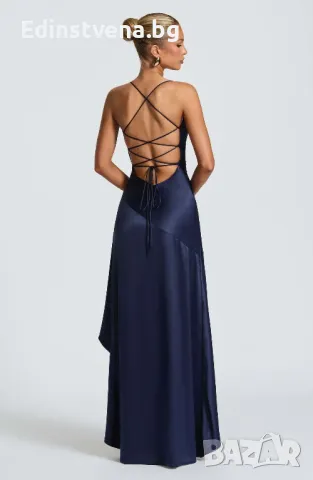 Дамска елегантна сатенена вечерна рокля с висока цепка и гръб с връзки в тъмносиньо, снимка 6 - Рокли - 50419109
