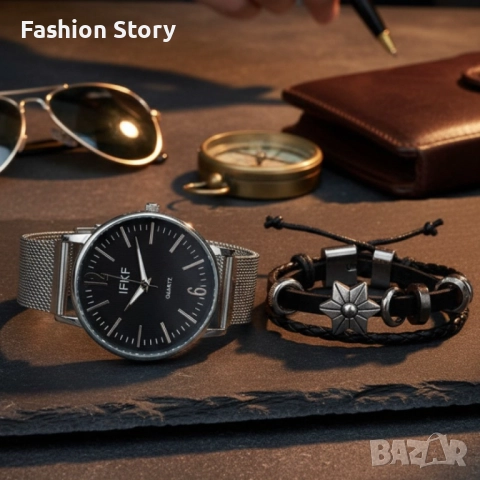 Мъжки комплект – кварцов часовник с метална верижка и стилна гривна в подаръчна кутия, снимка 3 - Мъжки - 51937551