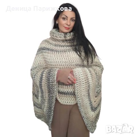 Ръчно плетено пончо с поло яка, снимка 4 - Якета - 52816699
