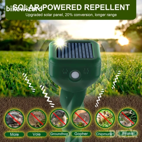 Соларен репелент против къртици, ултразвуков репелент против полевки, репелент против животни НОВИ, снимка 3 - Градинска техника - 53013907