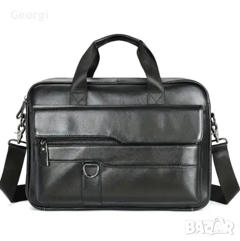Мъжка  стилна и практична бизнес чанта (куфарче за лаптоп 15”) Черна естествена кожа!, снимка 2 - Чанти - 49348270