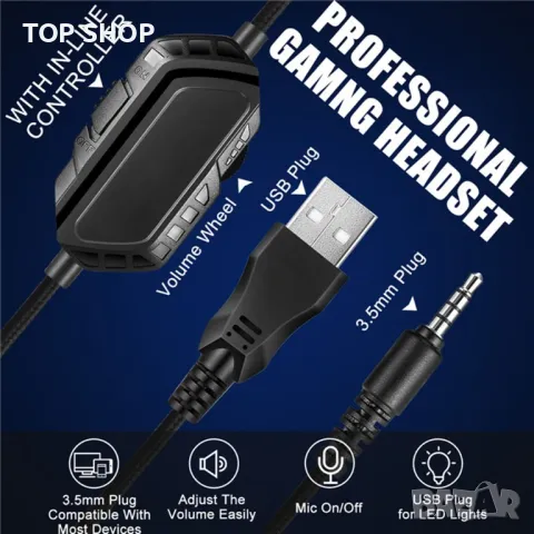 J1 камуфлажна цветна геймърска слушалка 50 mm драйверен модул RGB светлинно намаляване на шума 3,5 m, снимка 2 - Друга електроника - 48494798