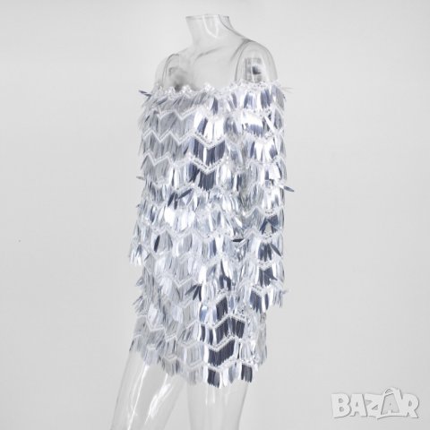 Сребриста бална абитуриентска официална къса рокля лукс с пера пайети, снимка 6 - Рокли - 26863745