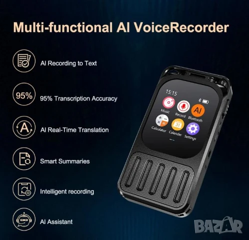 Bluetooth5.3 ИИ Диктофон Преводач Изкуствен Интелект Реч>Текст>Обобщаване APP Контрол Сензорен Екран, снимка 3 - Други - 50617215
