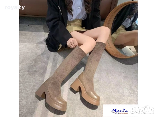 ДАМСКИ ЕЛЕГАНТНИ БОТУШИ с ликра в кафяво