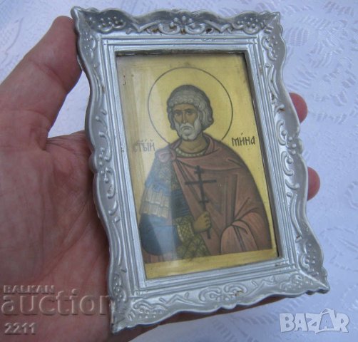  Стара икона св. Мина, принт с рамка, снимка 3 - Антикварни и старинни предмети - 28885858
