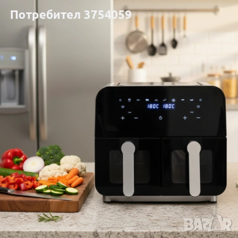 Двоен фритюрник с горещ въздух Cheffinger 9 л  с дигитален дисплей, стъклен прозорец и 360°, снимка 5 - Фритюрници - 53208370
