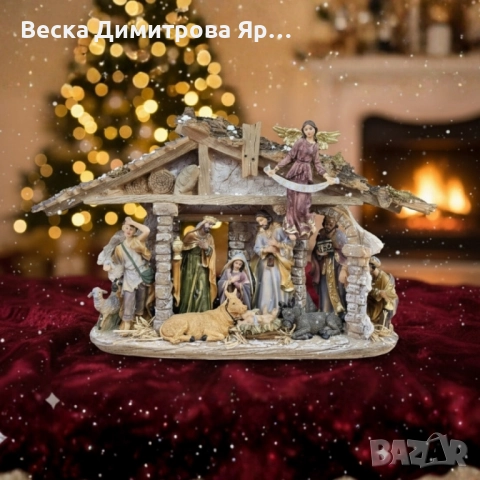 Декоративна сцена на Рождество с дървена постройка и фигурки – Светото семейство и ангел GLORIA, снимка 2 - Декорация за дома - 52053241