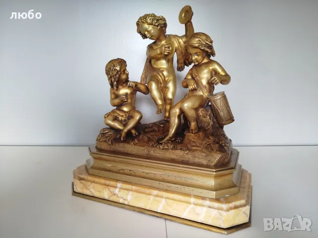 БРОНЗОВА СКУЛПТУРА 19-ВЕК Франция ДЕЦА МУЗИКАНТИ ВЪВ ПОЗЛАТА , снимка 11 - Антикварни и старинни предмети - 49271493