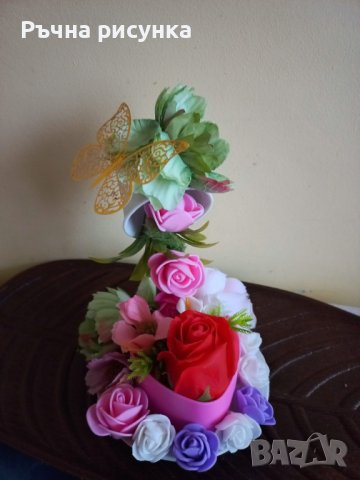 Налична "Летяща чаша с цветя и сапунена роза ", снимка 3 - Декорация за дома - 39451879