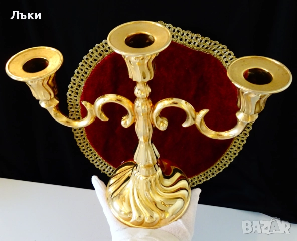 Позлатен троен свещник 1.1 кг.,барок. , снимка 6 - Антикварни и старинни предмети - 51488234