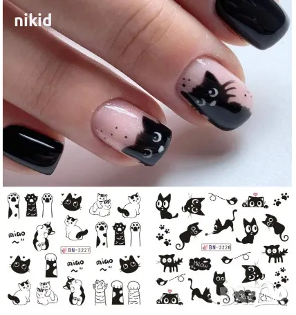 лист 12 в 1 черно коте котки котета слайдер татос ваденки водни стикери за нокти маникюр, снимка 2 - Продукти за маникюр - 47399484