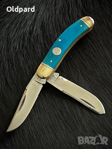 Blue Smooth Bone Sowbelly Trap. Компактен сгъваем джобен ловен нож с две полирани остриета. (RR1951), снимка 2 - Ножове - 40438759