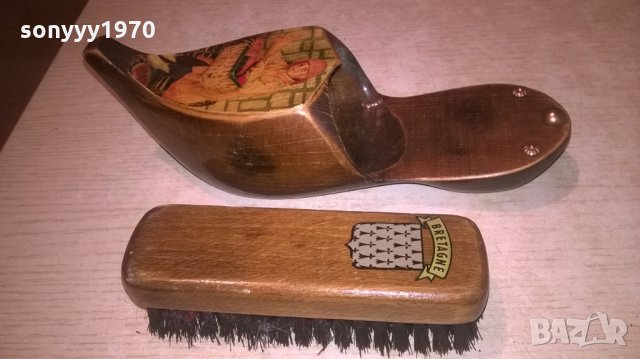 bretagne-дървена обувка и четка-22х8х6см-внос франция, снимка 2 - Колекции - 26783559