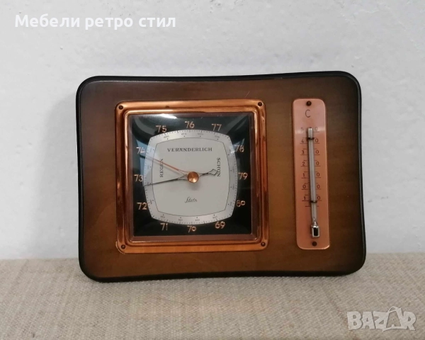 Стилен винтидж барометър с вграден термометър, изработен от дърво и метал с медни елементи., снимка 5 - Декорация за дома - 52341525