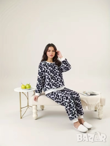 Топъл Домашен комплект за дома с леопардов принт в сиво за есен-зима, снимка 2 - Спортни екипи - 52969848