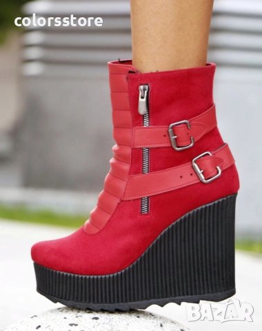 Боти на платформа - червен велур - B2001, снимка 2 - Дамски боти - 42366404