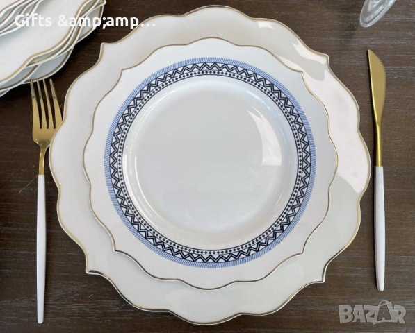 Порцеланов сервиз за хранене със златен кант и син орнамент- 18 части, снимка 5 - Сервизи - 43805602