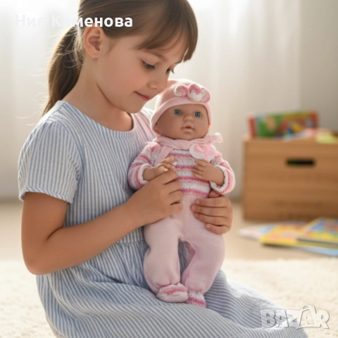 Кукла бебе с пълен комплект – Шише, пижама, легълце и аксесоари - 42 см - НА БЪЛГАРСКИ, снимка 2 - Кукли - 52643639