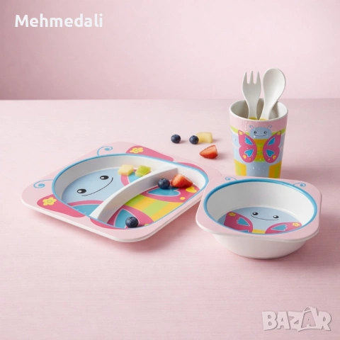 Детски комплект за хранене Cheffinger – 5 части  Чиния, купичка, чаша, лъжица и вилица , снимка 4 - Прибори за хранене, готвене и сервиране - 53168804